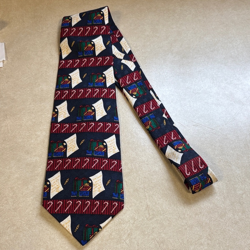 Amherst and Brock Navy Holiday Silk Tie with Gift & Candy Cane Motif
